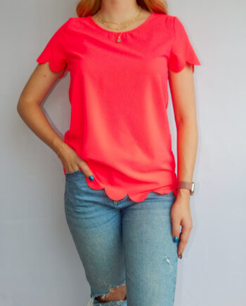 Mika Polus Neon Pink Scalloped Short Sleeve Blouse