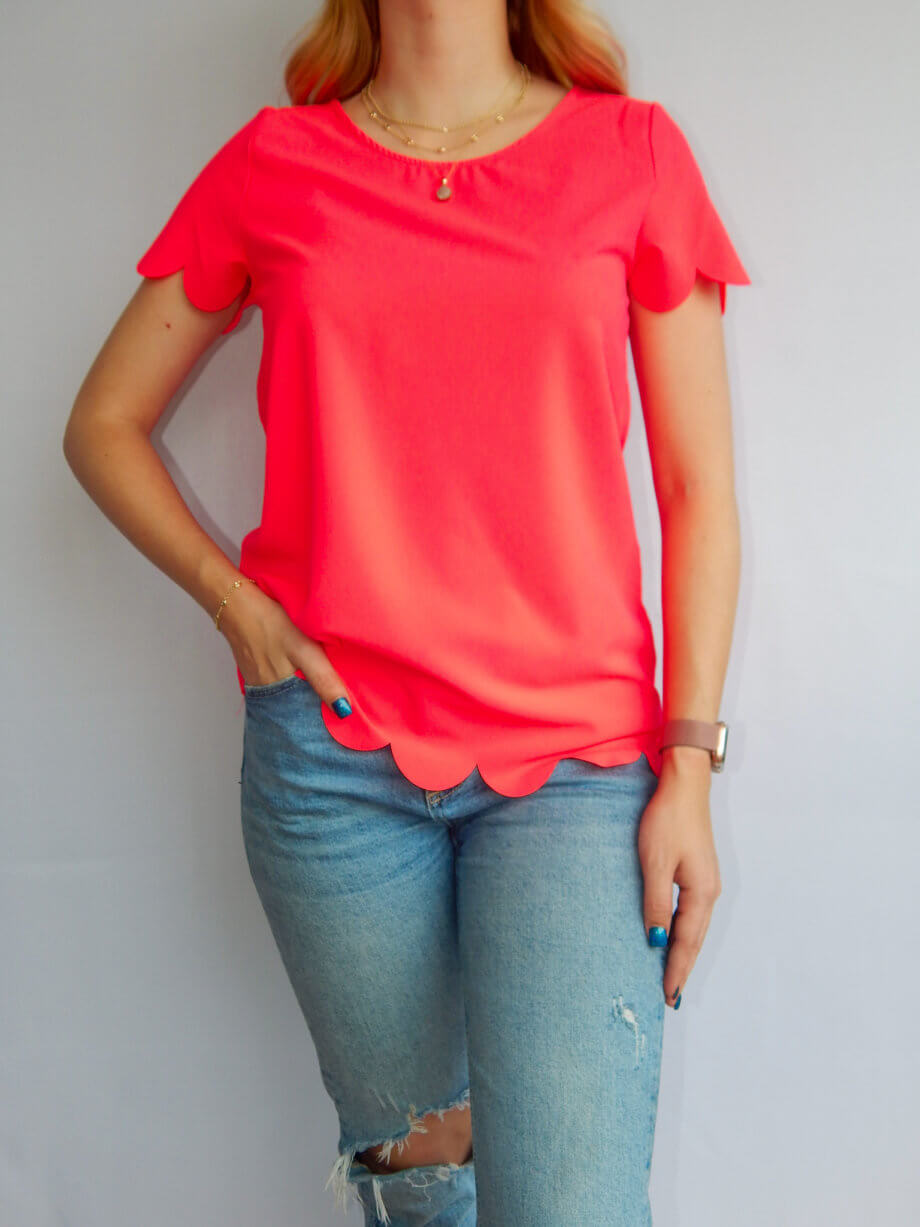 Mika Polus Neon Pink Scalloped Short Sleeve Blouse