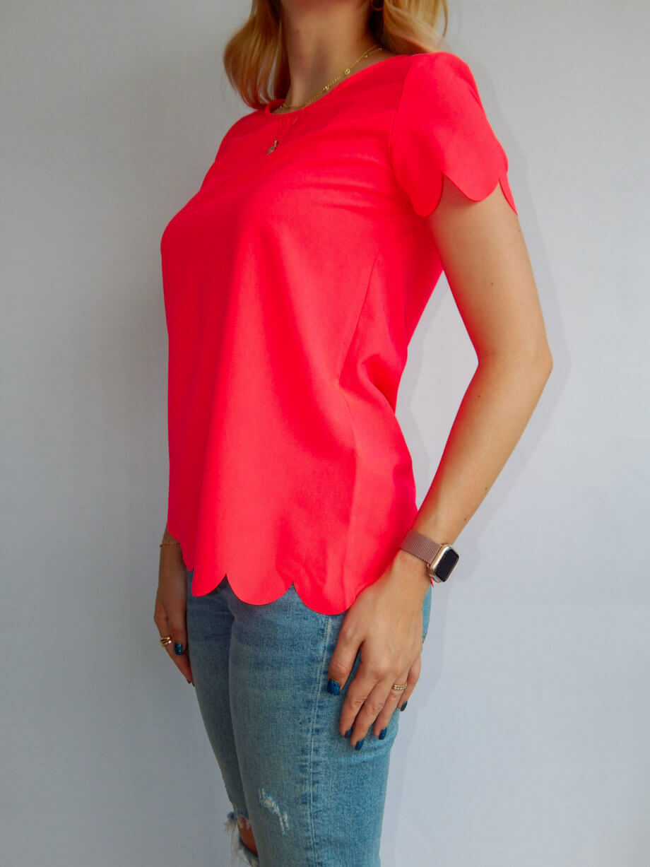 Mika Polus Neon Pink Scalloped Short Sleeve Blouse