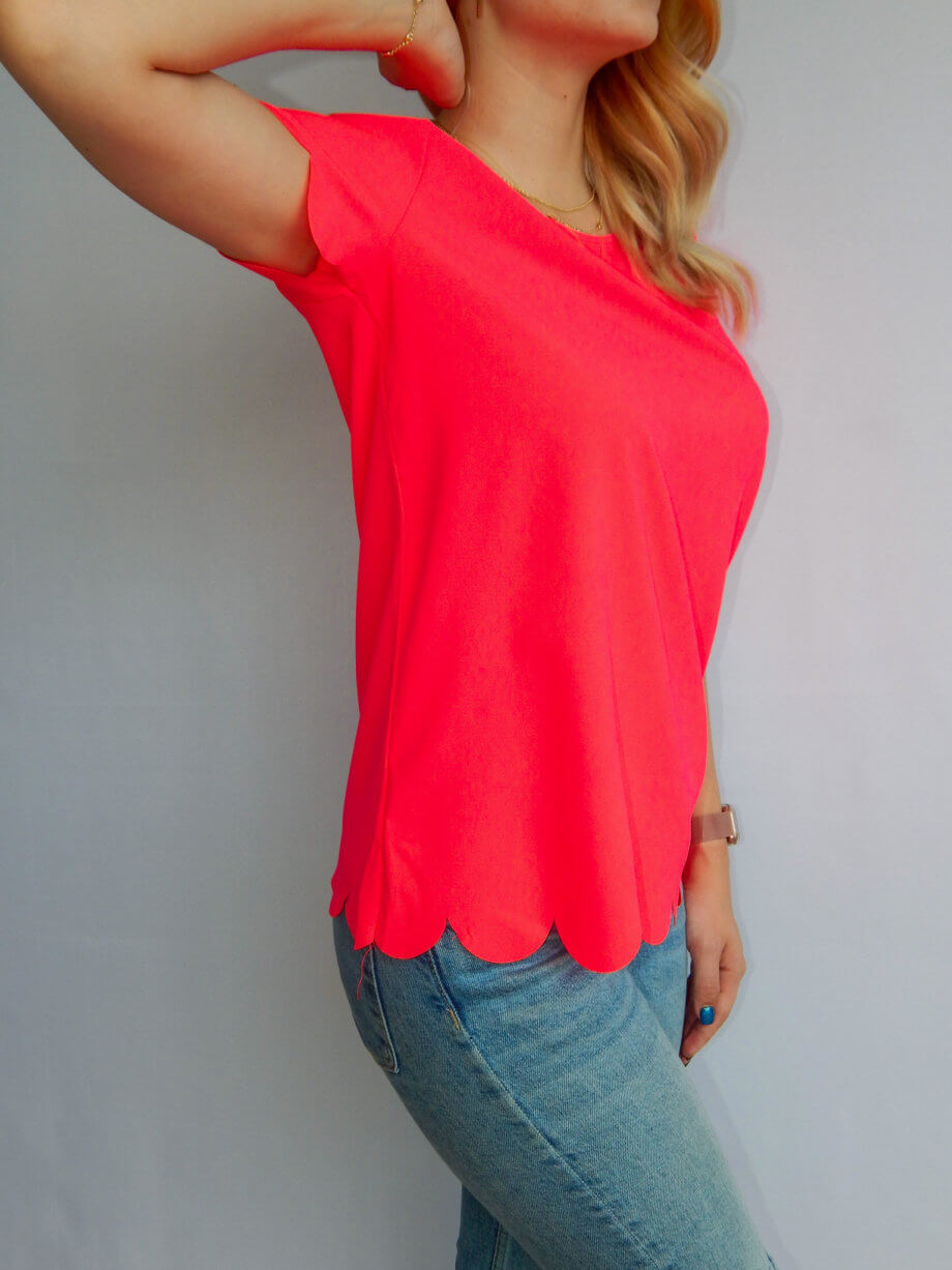 Mika Polus Neon Pink Scalloped Short Sleeve Blouse