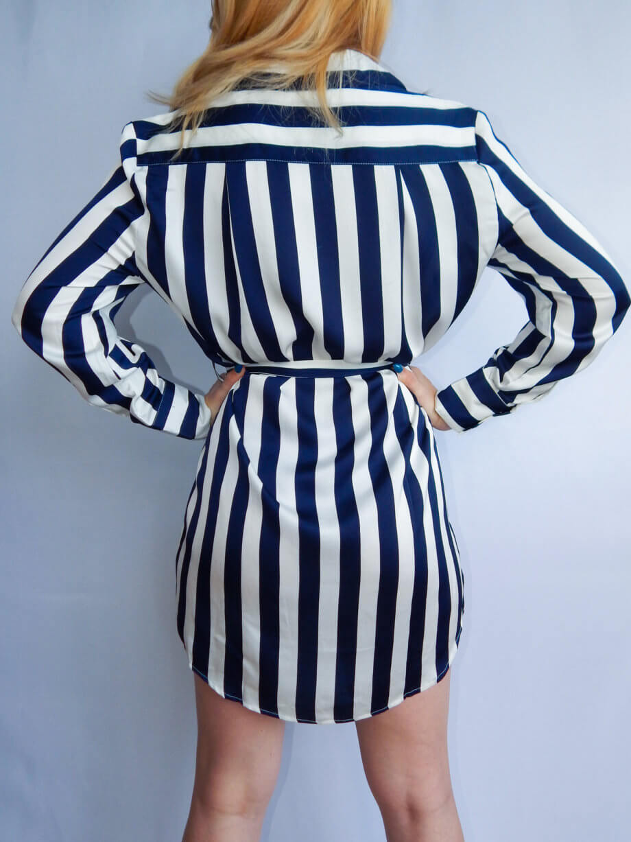 Mika Polus Blue & White Stripes Long Sleeve Short Dress