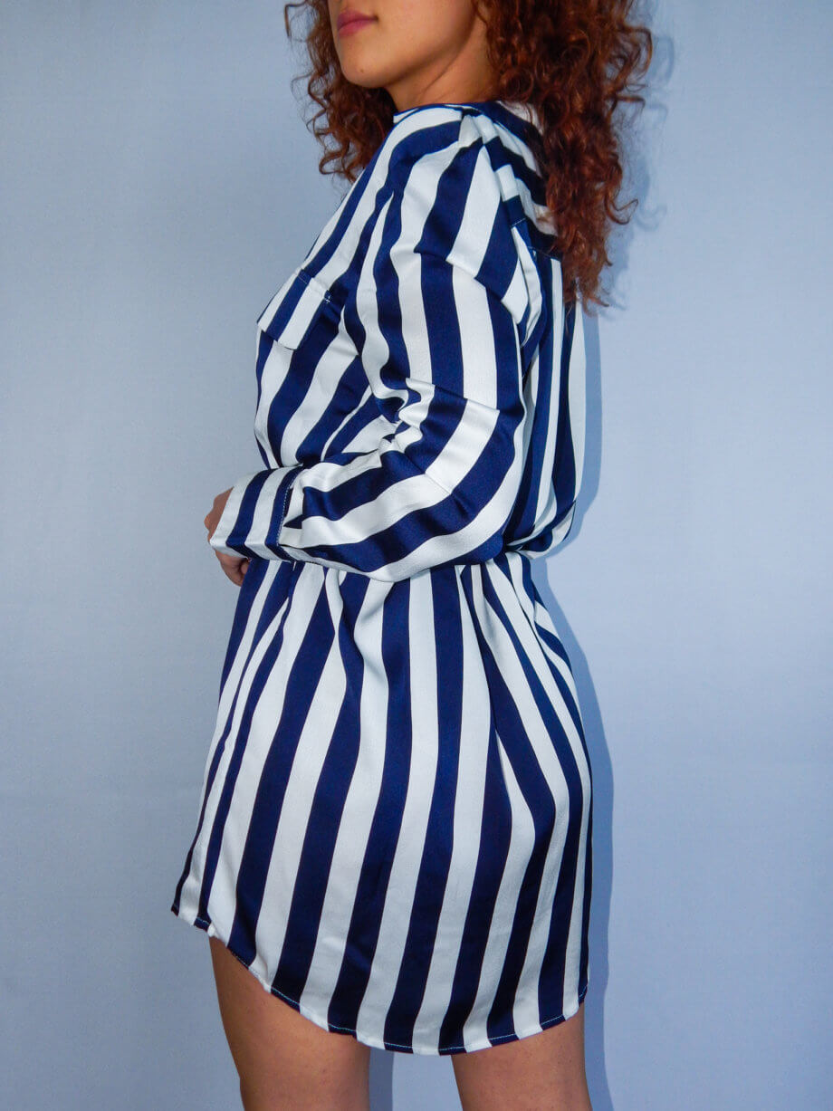 Mika Polus Blue & White Stripes Long Sleeve Short Dress