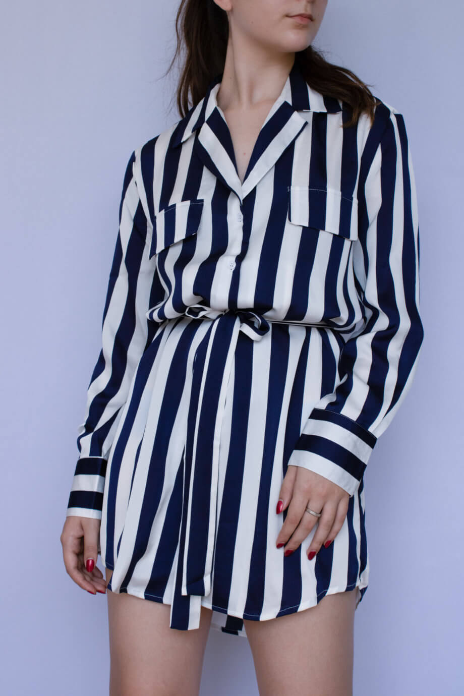 Mika Polus Blue & White Stripes Long Sleeve Short Dress