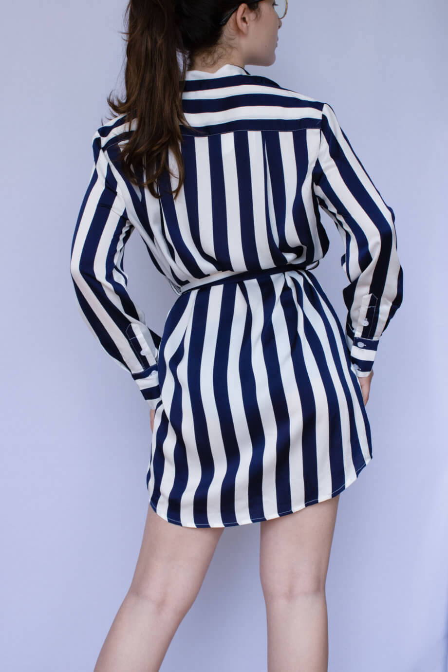 Mika Polus Blue & White Stripes Long Sleeve Short Dress