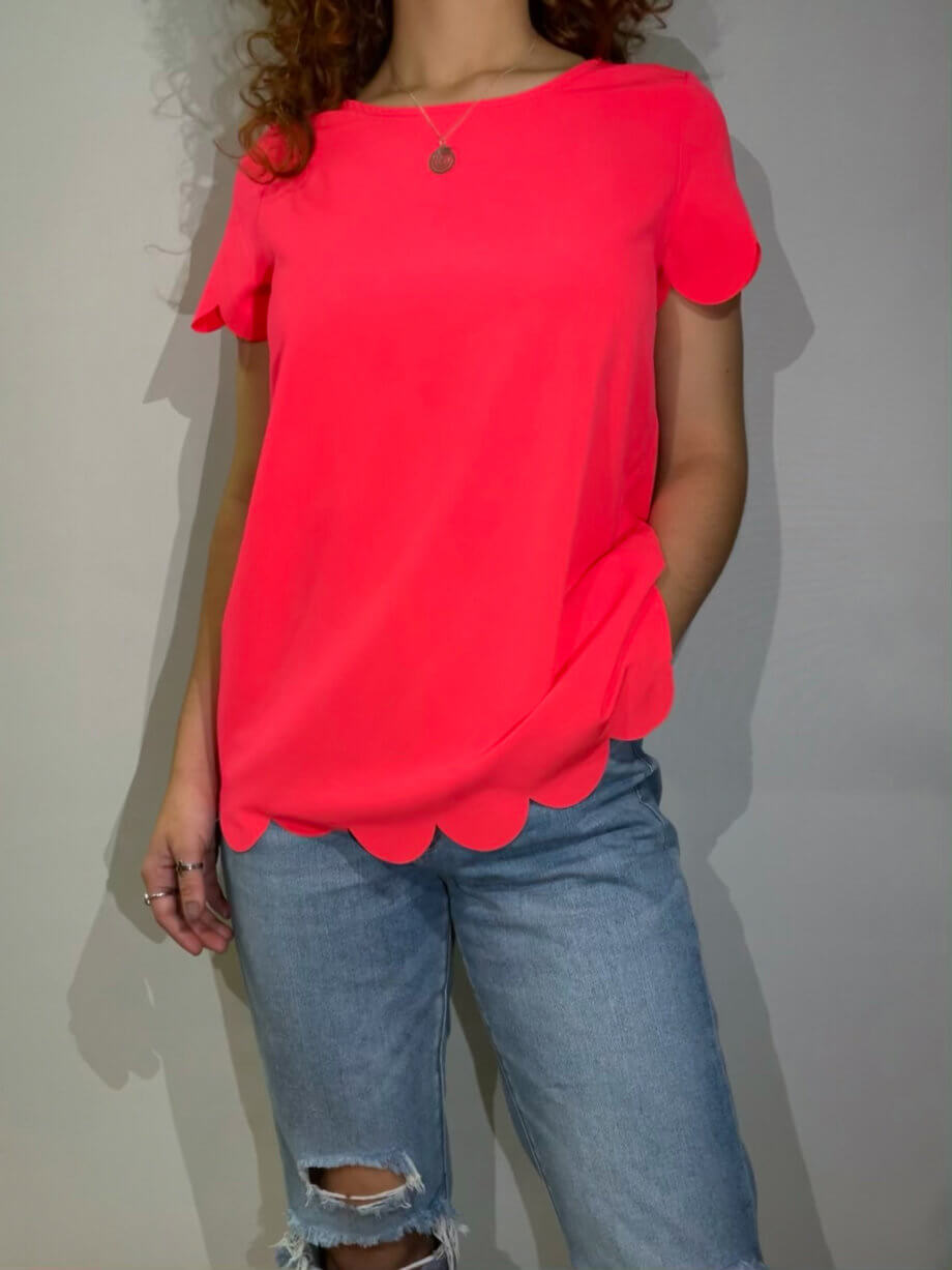 Mika Polus Neon Pink Scalloped Short Sleeve Blouse