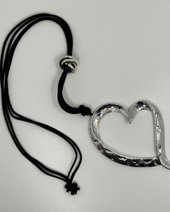 Mika Polus Silver Hammered Open Heart Pendant Suede Necklace