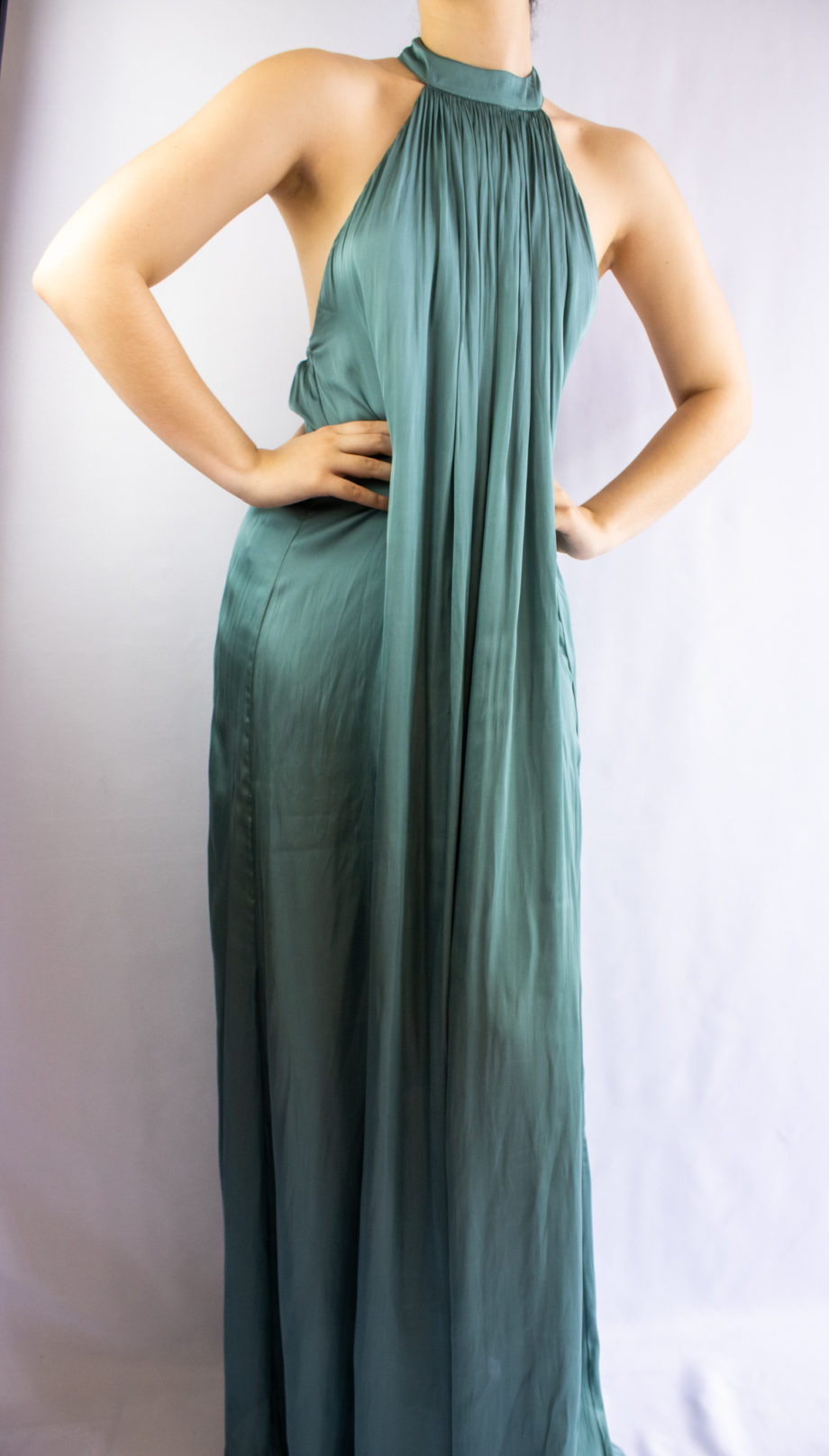 Mika Polus Orion Halter Satin Maxi Dress Slate Blue