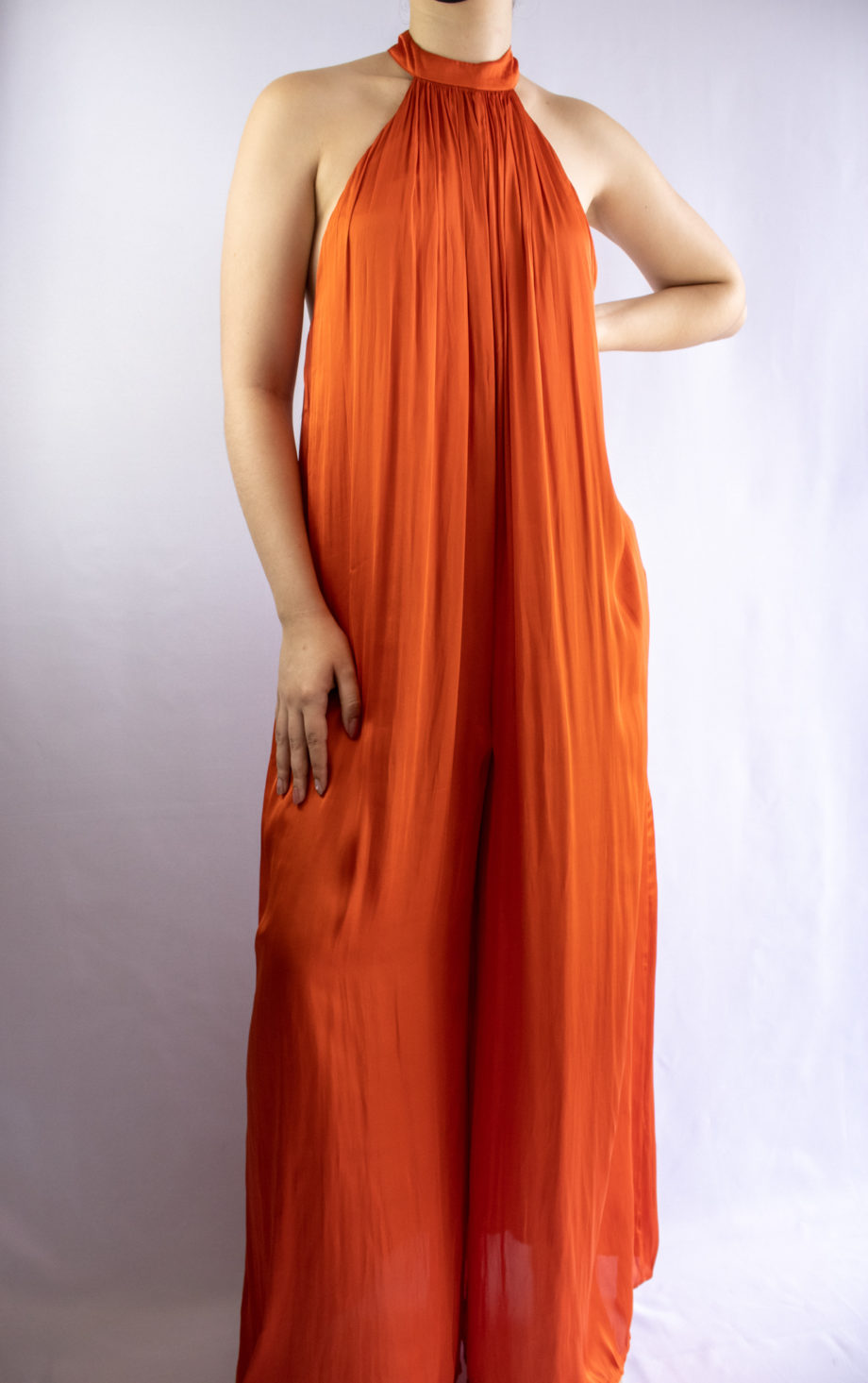 Mika Polus Orion Halter Satin Jumpsuit Orange