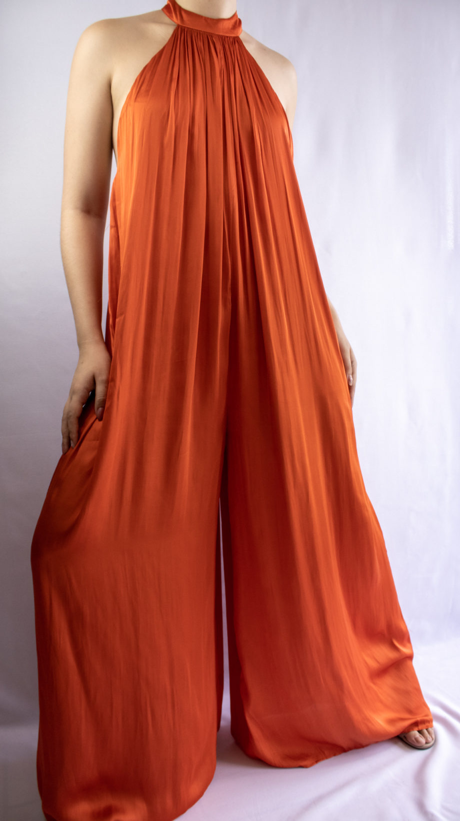 Mika Polus Orion Halter Satin Jumpsuit Orange