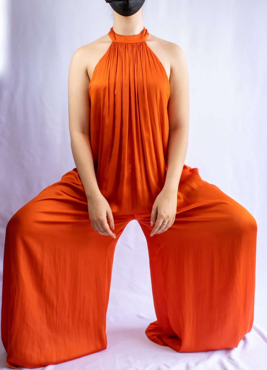 Mika Polus Orion Halter Satin Jumpsuit Orange