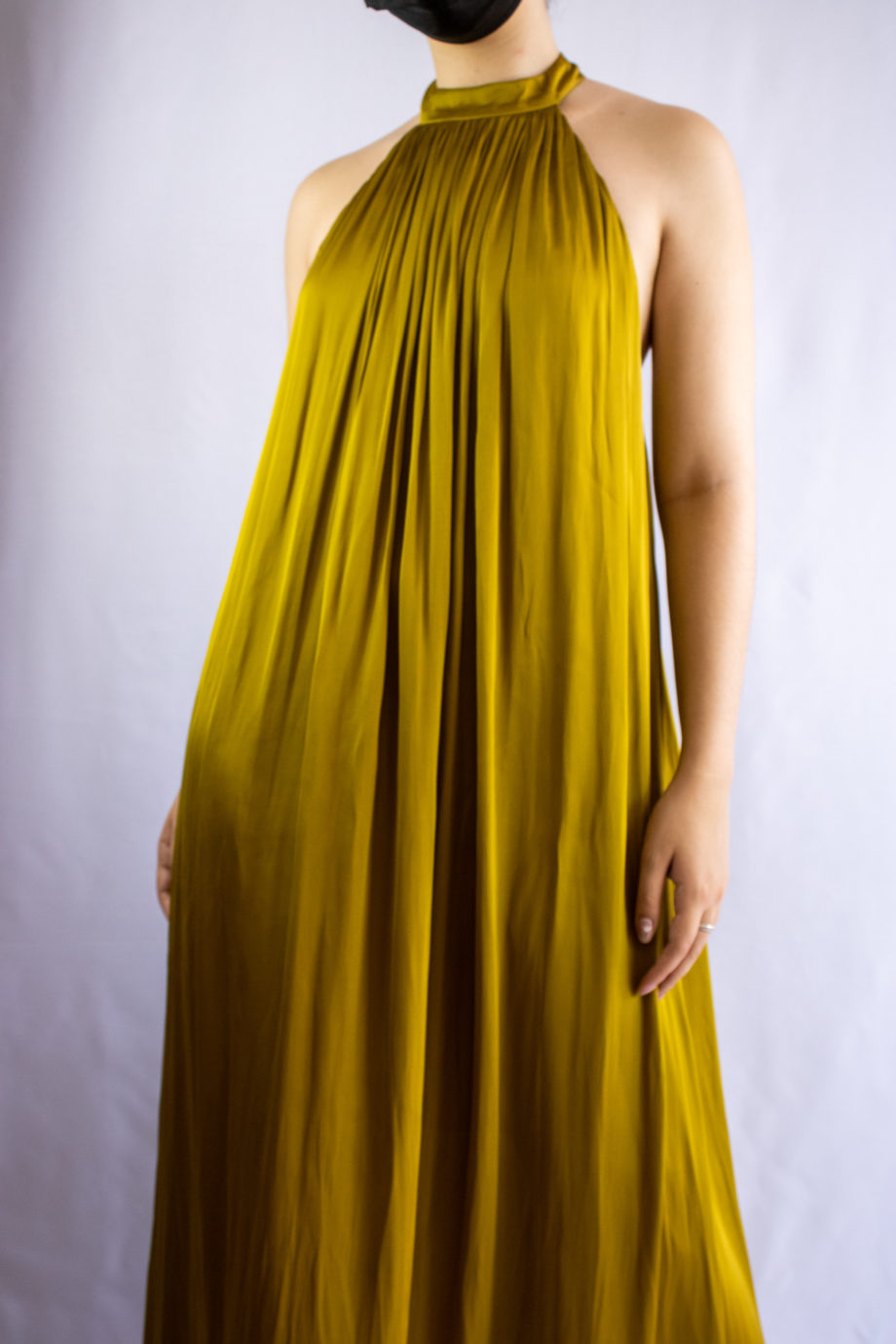 Mika Polus Orion Halter Satin Maxi Dress Dark Chartreuse