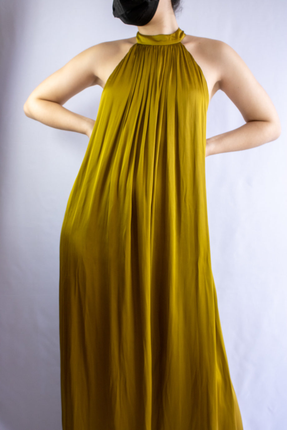 Mika Polus Orion Halter Satin Maxi Dress Dark Chartreuse