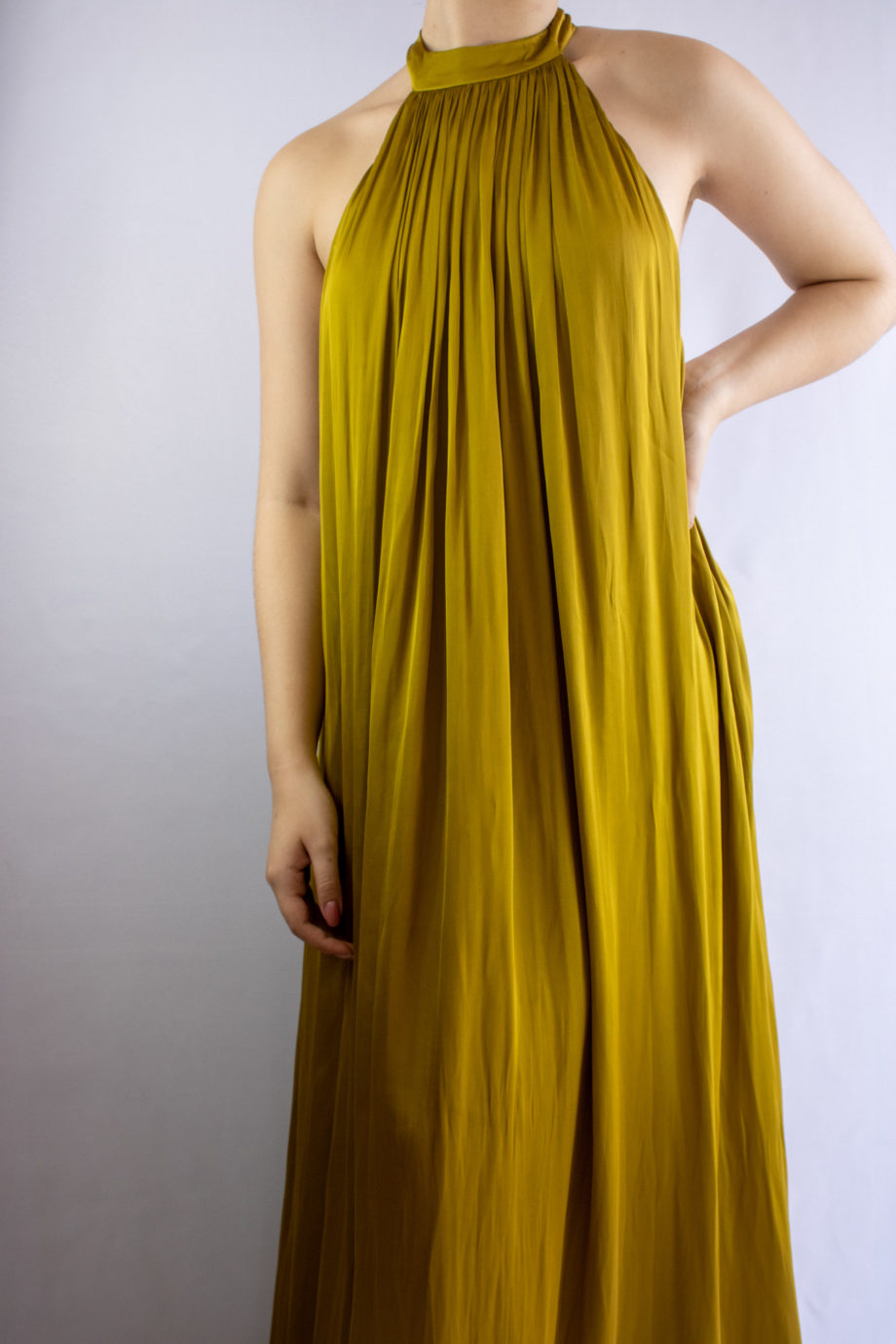 Mika Polus Orion Halter Satin Maxi Dress Dark Chartreuse