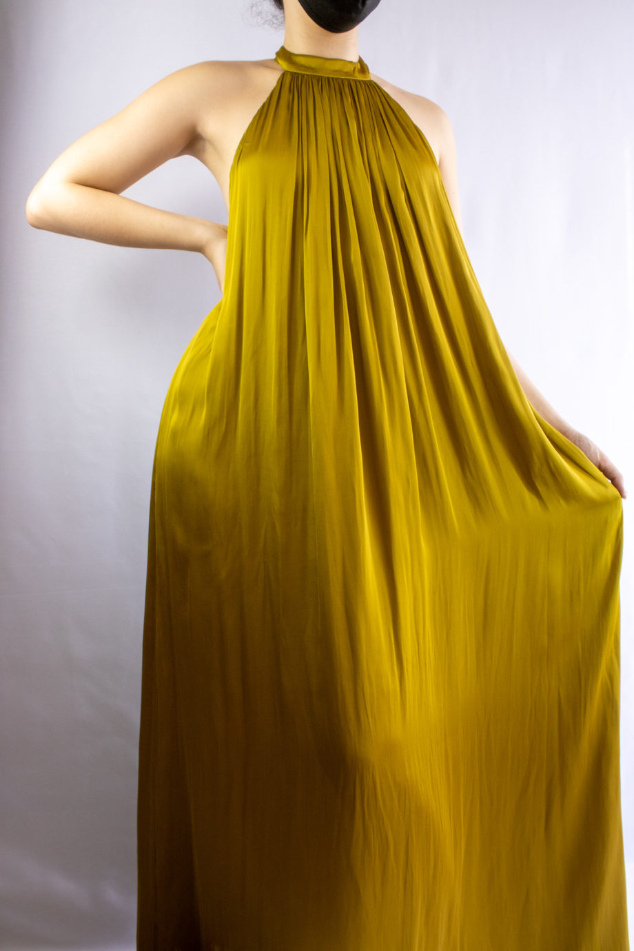 Mika Polus Orion Halter Satin Maxi Dress Dark Chartreuse