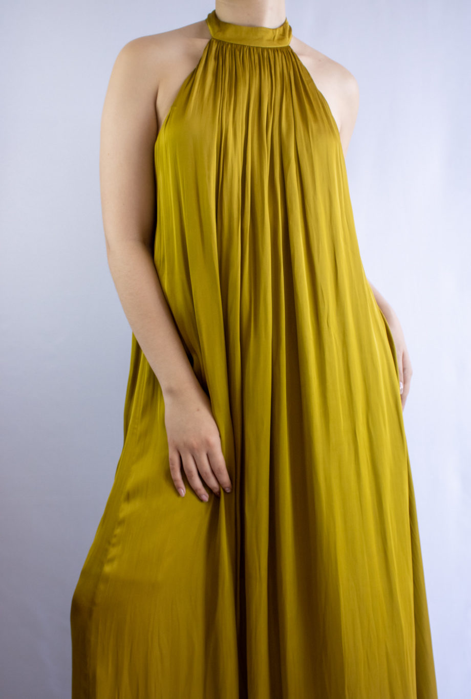 Mika Polus Orion Halter Satin Maxi Dress Dark Chartreuse