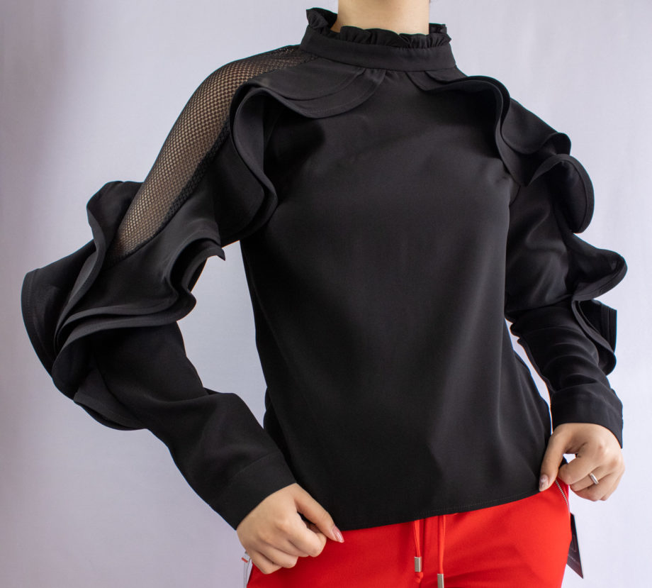 Mika Polus Ruffled Long Sleeve Black Blouse