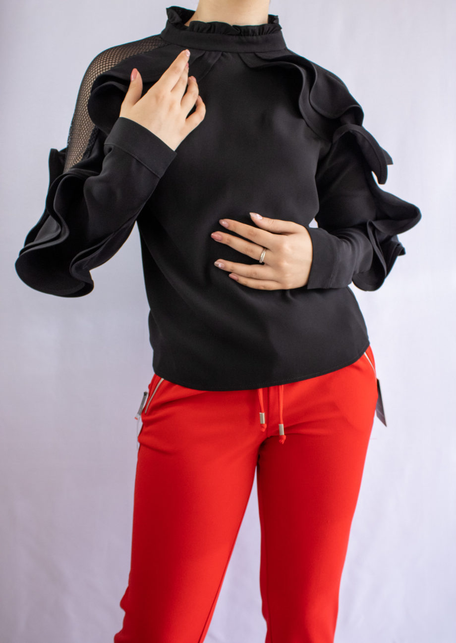 Mika Polus Ruffled Long Sleeve Black Blouse