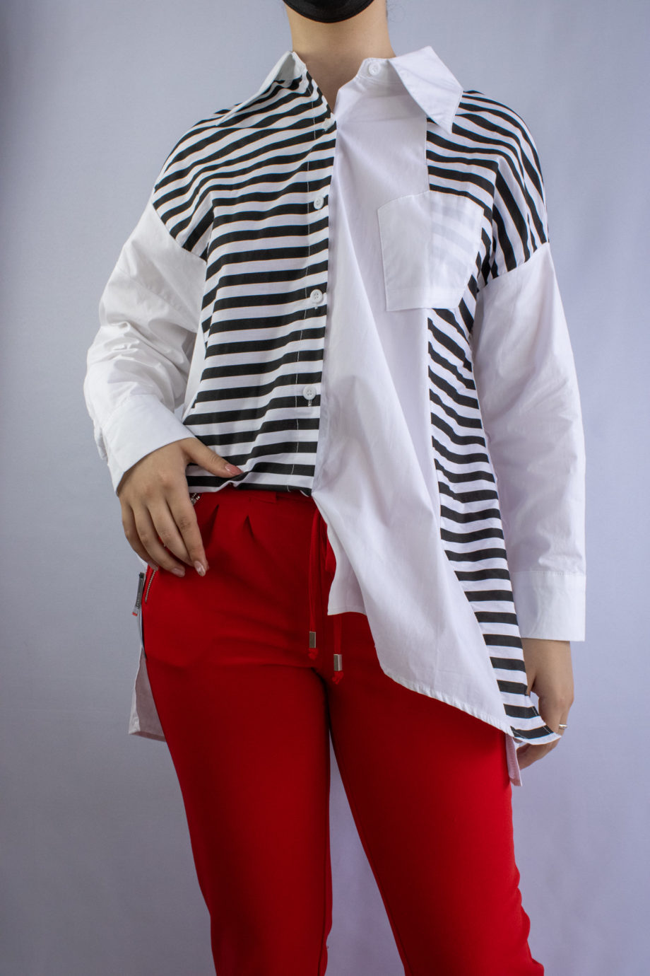 Mika Polus White and Black Asymmetric Button Down Shirt